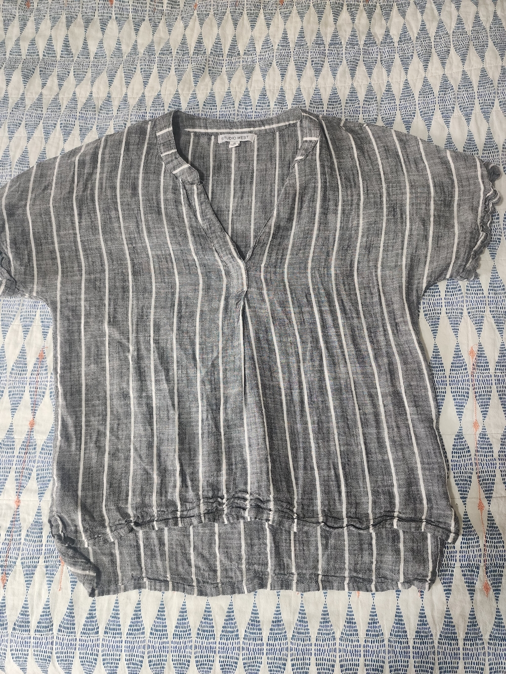 Studio West Gray & White Striped V-Neck Cotton-Blend Top